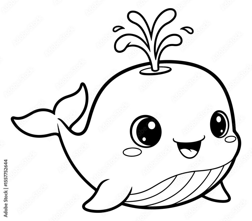 Cute and Adorable Cartoon Whale with Water Spout Black and White Cute and Adorable Cartoon Whale with Water Spout Black and White