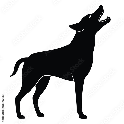 Black silhouette of a dog howling with its head tilted back against a white background