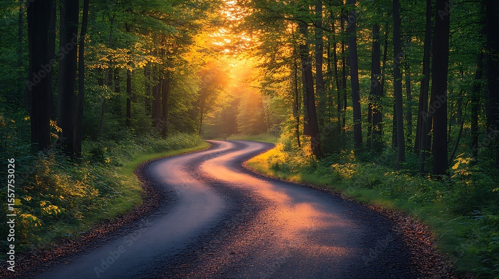 Fototapeta premium Winding road through forest at sunrise