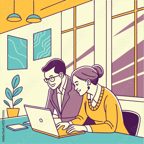Two professionals at a desk using a laptop in a bright office 