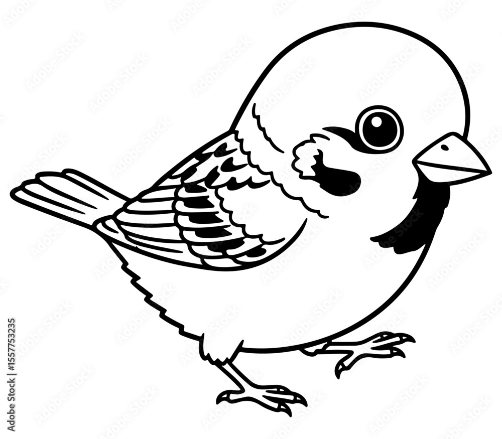 Fototapeta premium Adorable Sparrow Illustration in Simple Black and White Line Art Style