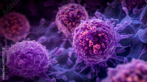 Microscopic macro view of pancreatic cancer cells showing abnormal cell structure irregular nuclei aggressive growth inside glandular tissue dark medical background