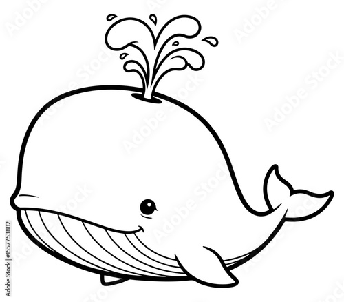 Adorable cartoon whale spouting water in black and white line art