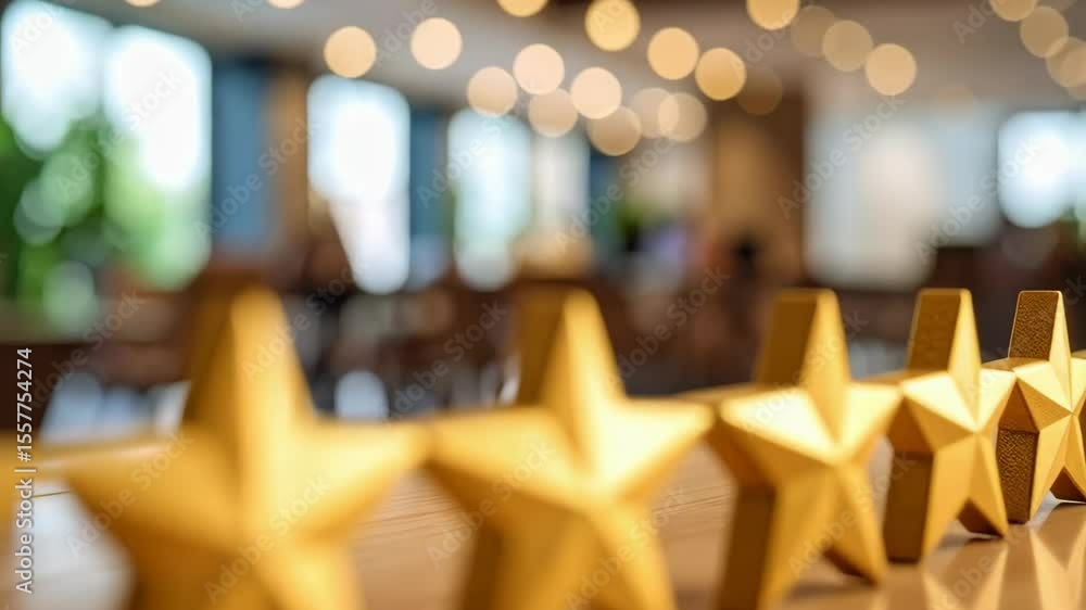 Golden stars aligned on a reflective surface under blurred warm lights in a spacious room.