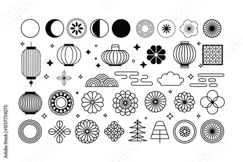 Japanese inspired geometric patterns and celestial bodies vector