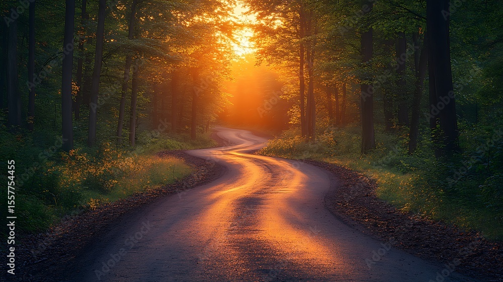 Fototapeta premium Golden sunlight path through forest