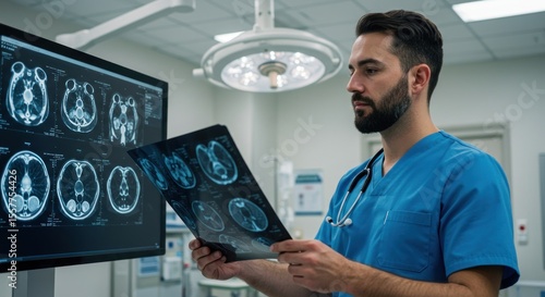 A medical professional examines brain scans in a modern operating room setting.