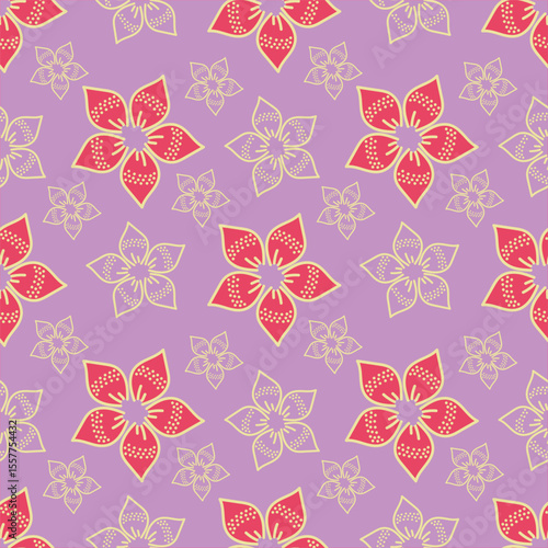 Trendy Floral pattern in the many kind of flowers. Tropical botanical Motifs scattered random. Seamless vector texture. For fashion prints. Printing with in hand drawn style on peach background