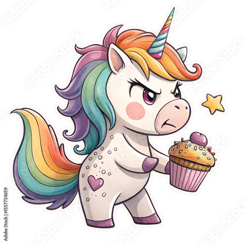 Angry unicorn with cupcake cute cartoon character vector illustration isolated png background
