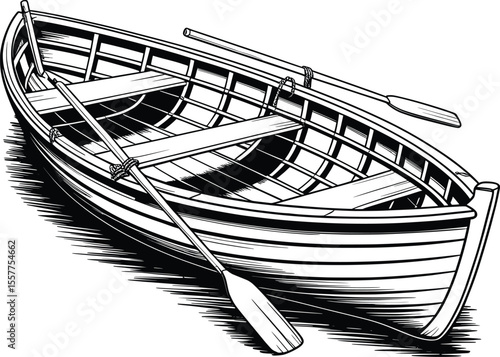 Vintage Rowboat Line Art, Two Wooden Boats Sketch Illustration.