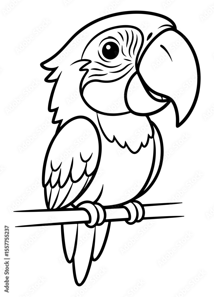 Fototapeta premium Cartoon parrot sitting on a branch line art illustration for coloring