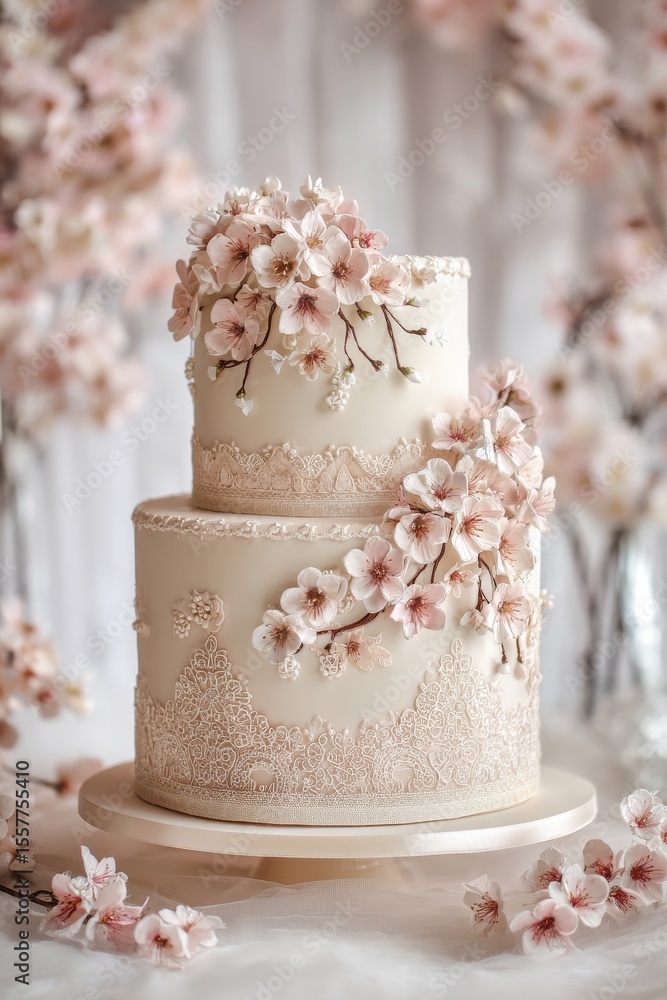 Fototapeta premium A beautiful wedding cake with intricate lace and floral designs, in shades of light pink and beige. The background is a soft white fabric with delicate cherry blossoms, creating an.