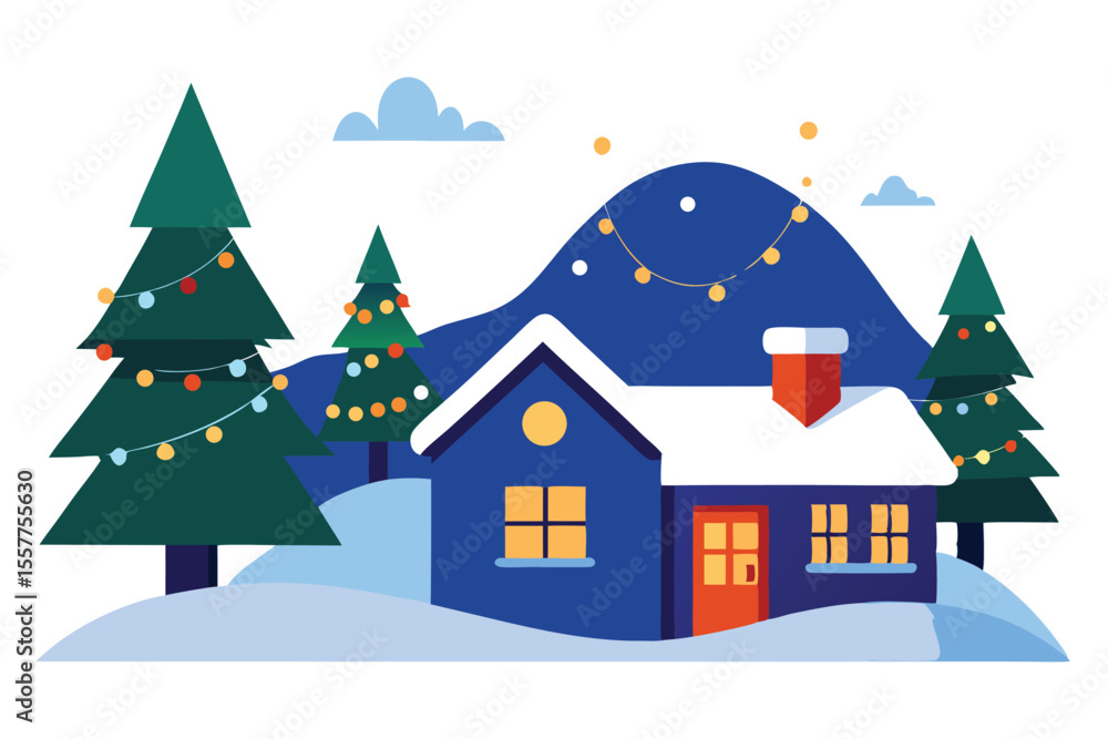 Fototapeta premium Cozy Winter Home with SnowCovered Roof, Decorated Trees, and Mountain with String Lights
