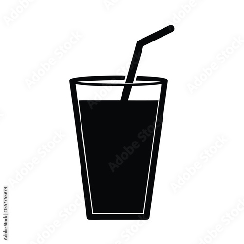 A glass of juice with a straw depicted in flat black silhouette Vector illustration