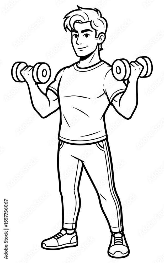 Cartoon illustration of a strong man lifting dumbbells for exercise and fitness Cartoon illustration of a strong man lifting dumbbells for exercise and fitness