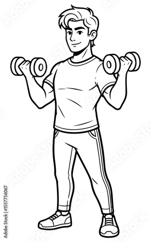 Cartoon illustration of a strong man lifting dumbbells for exercise and fitness