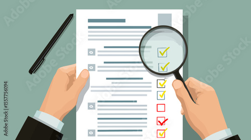 A hand with a magnifying glass inspects a financial chart on a document