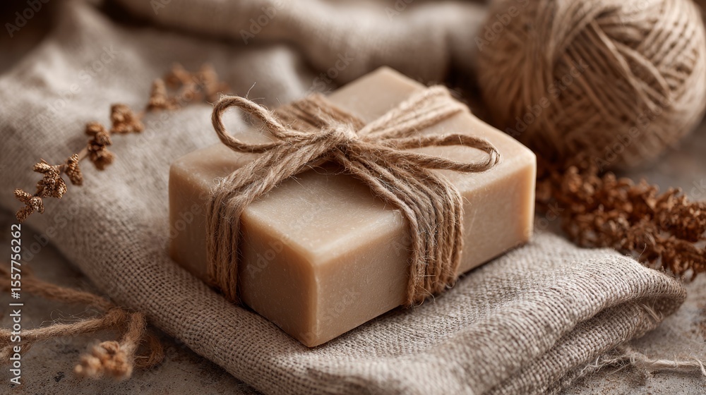 Beige soap bar wrapped in kraft paper Beige soap bar wrapped in kraft paper