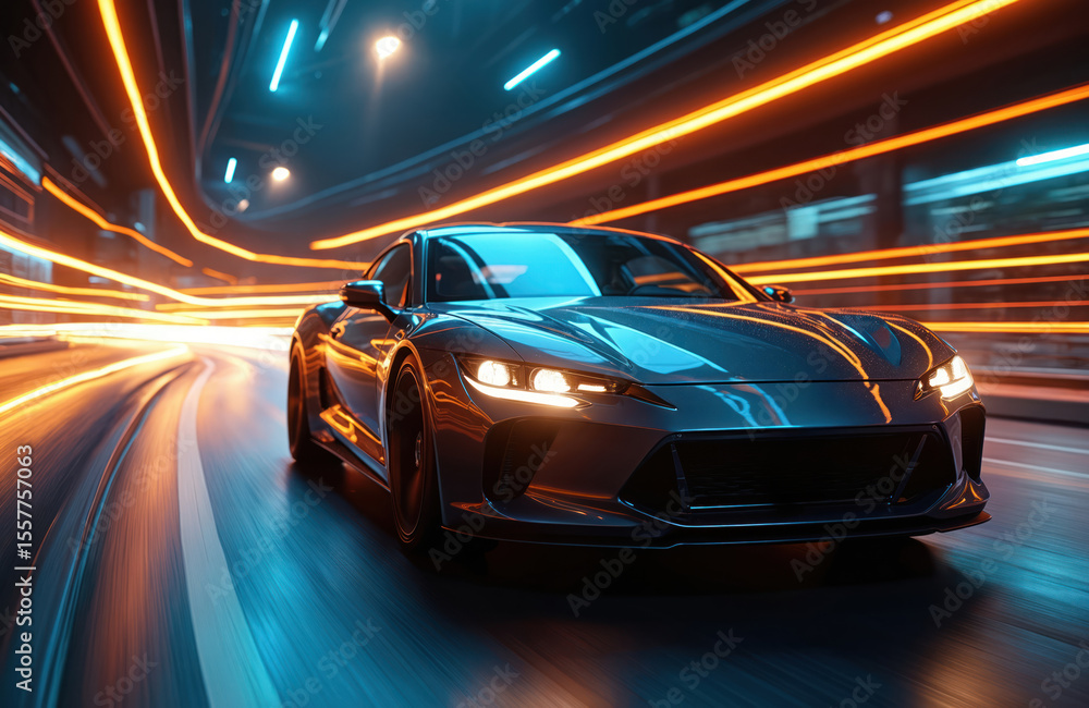 Fast sport car with bright neon light trails on dark highway at night. City lights background with long exposure. Modern vehicle at high speed. Transportation concept. Fast sport car with bright neon light trails on dark highway at night. City lights background with long exposure. Modern vehicle at high speed. Transportation concept.