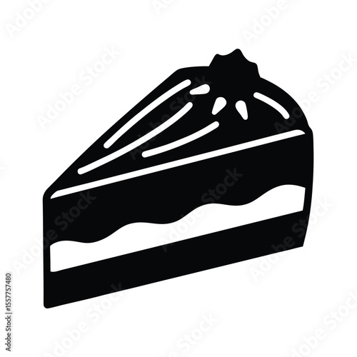 A slice of cake with visible layers drawn in flat black silhouette Vector illustration