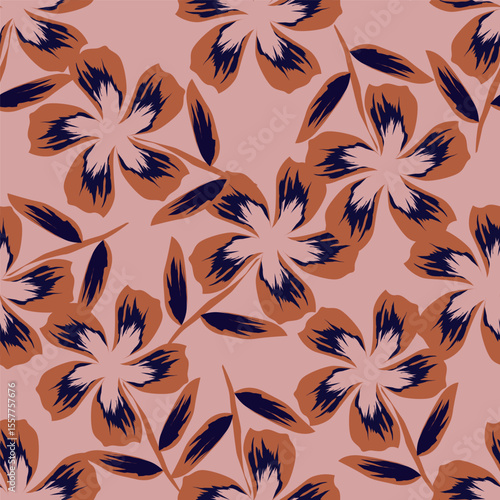 Trendy Floral pattern in the many kind of flowers. Tropical botanical Motifs scattered random. Seamless vector texture. For fashion prints. Printing with in hand drawn style on peach background