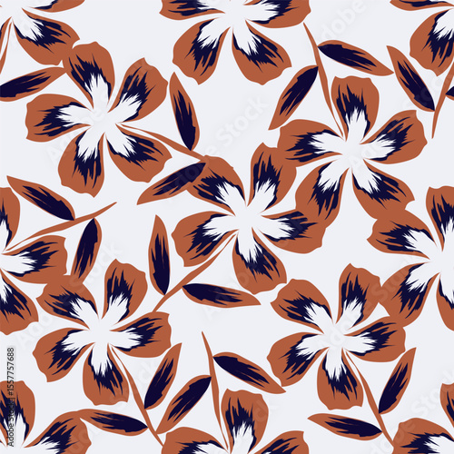 Trendy Floral pattern in the many kind of flowers. Tropical botanical Motifs scattered random. Seamless vector texture. For fashion prints. Printing with in hand drawn style on peach background