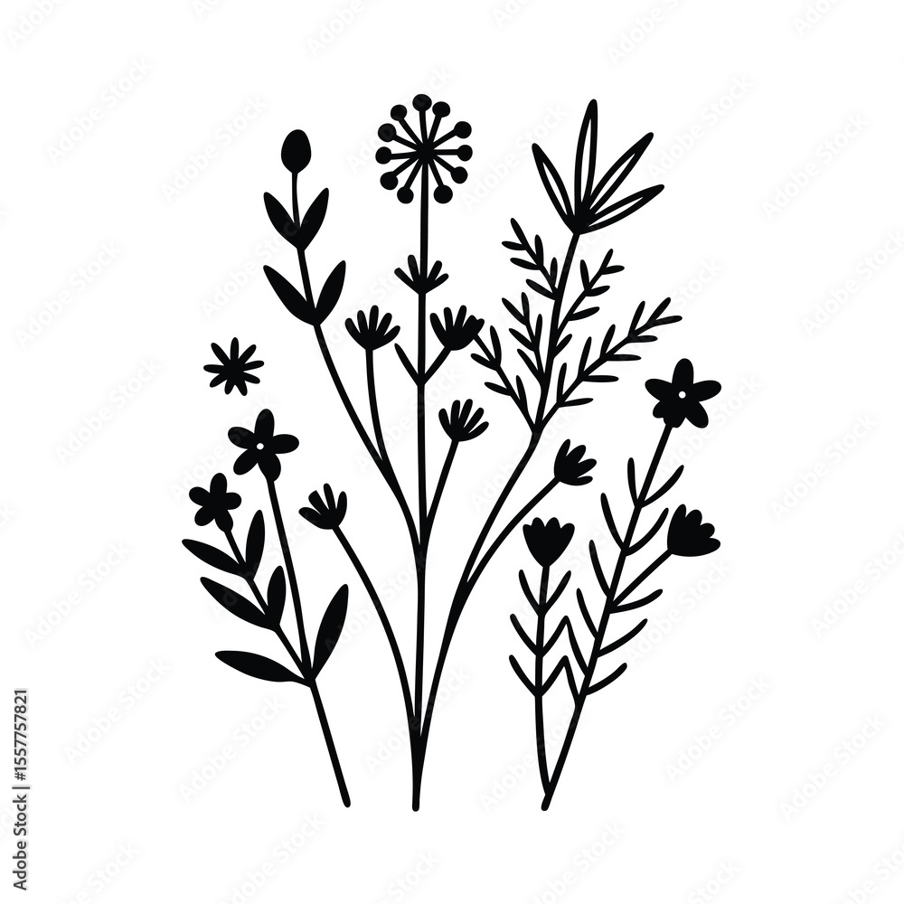 Botanical illustration set delicate line art of assorted plants Vector illustration Botanical illustration set delicate line art of assorted plants Vector illustration