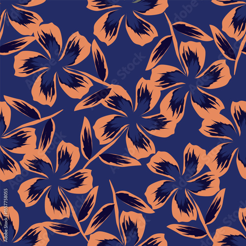 Trendy Floral pattern in the many kind of flowers. Tropical botanical Motifs scattered random. Seamless vector texture. For fashion prints. Printing with in hand drawn style on peach background