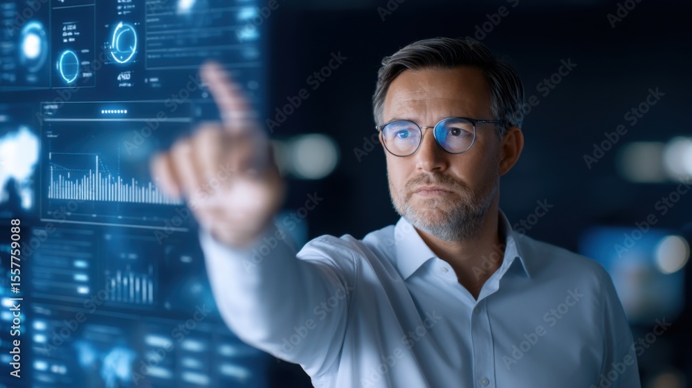 A focused man wearing glasses interacts with a futuristic digital interface displaying various data charts and graphs. A focused man wearing glasses interacts with a futuristic digital interface displaying various data charts and graphs.