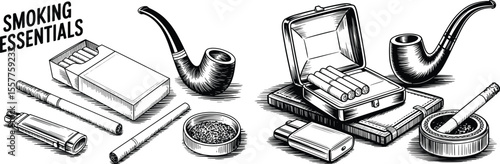 Smoking Essentials Line Art, Vintage Tobacco and Cigarette Illustration
