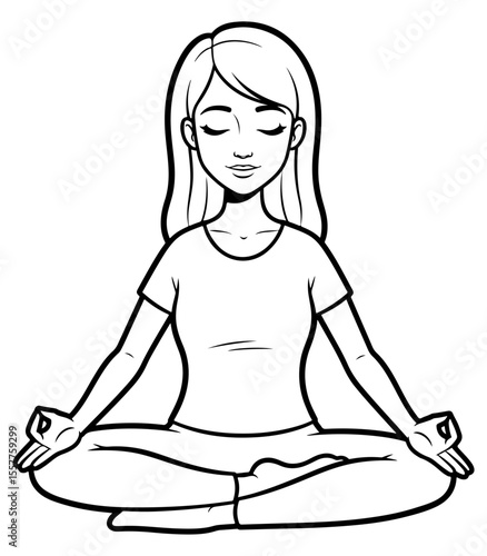 Cartoon illustration of a girl doing yoga in lotus position with mudra