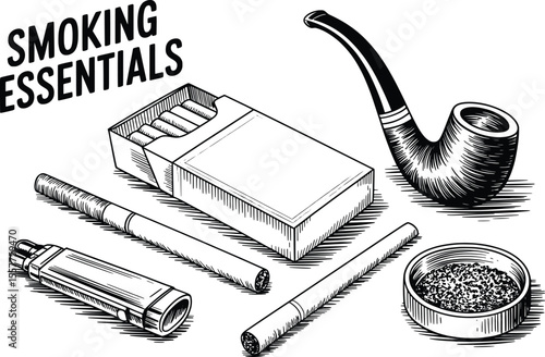 Smoking Essentials Line Art, Vintage Tobacco and Cigarette Illustration