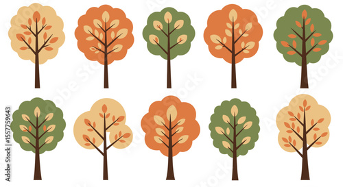 A vibrant autumn forest collection, showcasing diverse trees with colorful leaves, perfect for nature-themed designs and illustrationsA vibrant autumn forest collection, showcasing diverse trees with 