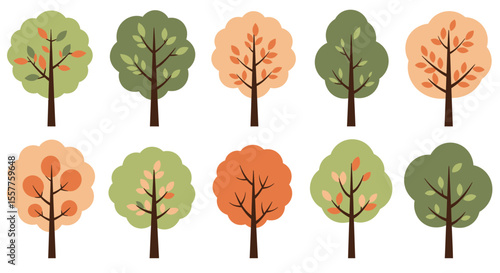 A vibrant autumn forest collection, showcasing diverse trees with colorful leaves, perfect for nature-themed designs and illustrationsA vibrant autumn forest collection, showcasing diverse trees with 