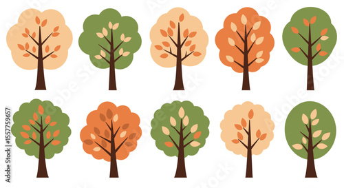 A vibrant autumn forest collection, showcasing diverse trees with colorful leaves, perfect for nature-themed designs and illustrationsA vibrant autumn forest collection, showcasing diverse trees with 
