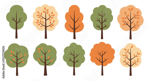 A vibrant autumn forest collection, showcasing diverse trees with colorful leaves, perfect for nature-themed designs and illustrationsA vibrant autumn forest collection, showcasing diverse trees with 