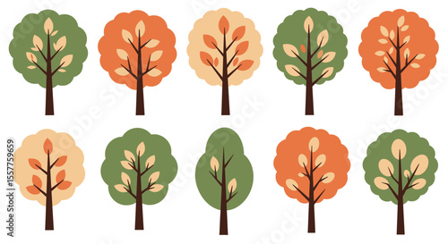 A vibrant autumn forest collection, showcasing diverse trees with colorful leaves, perfect for nature-themed designs and illustrationsA vibrant autumn forest collection, showcasing diverse trees with 