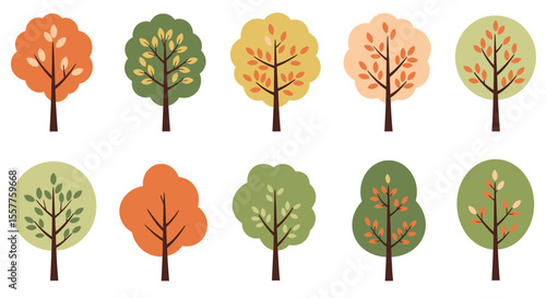 A vibrant vector illustration set depicting various autumn trees with colorful leaves, perfect for seasonal nature designs