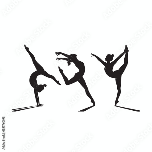 Three athletic gymnasts performing graceful poses on parallel bars in a dynamic showcasing flexibility strength and artistic expression in a striking silhouette