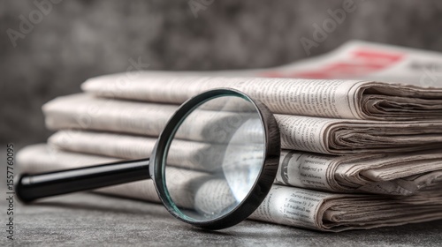 Job search concept showing magnifying glass and newspapers on gray table
