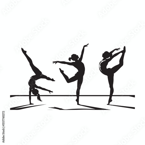 Three athletic gymnasts performing graceful poses on parallel bars in a dynamic showcasing flexibility strength and artistic expression in a striking silhouette