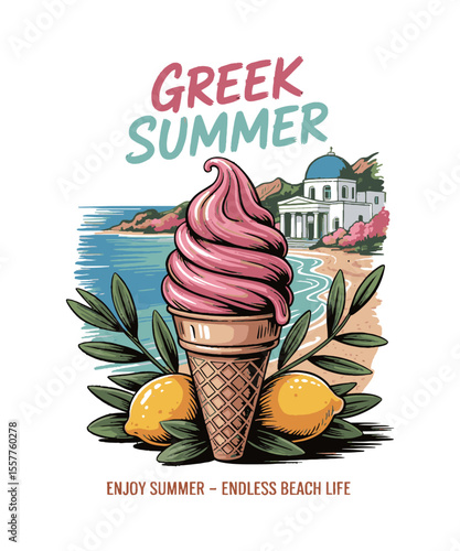 Scalable modern vector illustration inspired by a Greek summer theme for t-shirt prints, sunset beach prints and poster. tropical summer vintage retro vector graphics, easily editable.