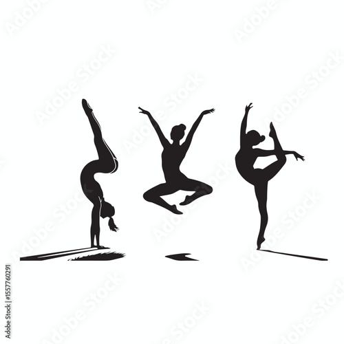 Three athletic gymnasts performing graceful poses on parallel bars in a dynamic showcasing flexibility strength and artistic expression in a striking silhouette