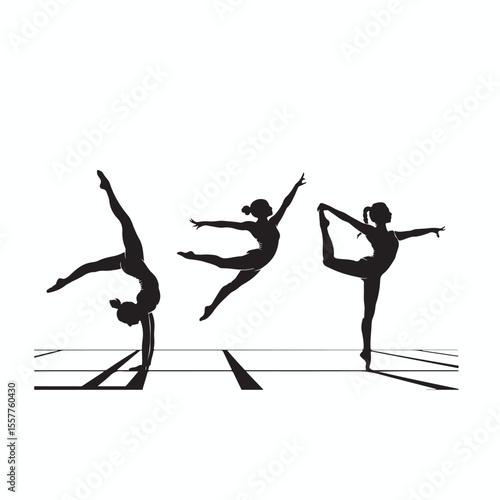Three athletic gymnasts performing graceful poses on parallel bars in a dynamic showcasing flexibility strength and artistic expression in a striking silhouette