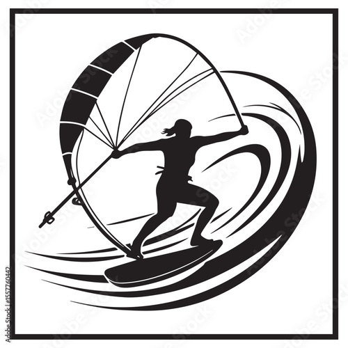 Silhouette of a woman windsurfing on a wave with a large sail