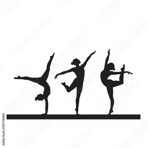 Three athletic gymnasts performing graceful poses on parallel bars in a dynamic showcasing flexibility strength and artistic expression in a striking silhouette