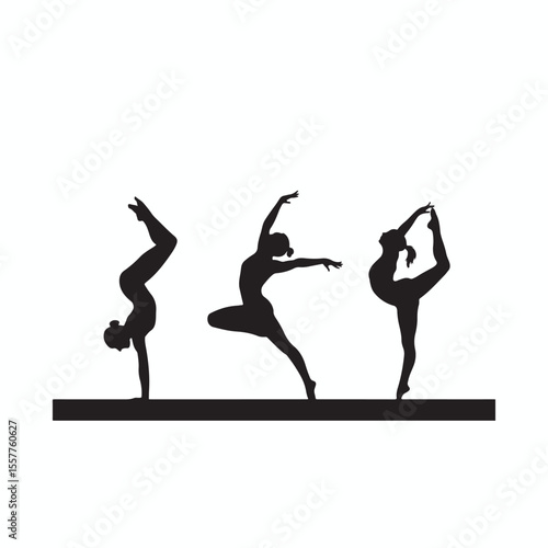 Three athletic gymnasts performing graceful poses on parallel bars in a dynamic showcasing flexibility strength and artistic expression in a striking silhouette