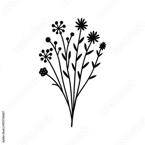 Wildflower bunch illustration set delicate line drawings of assorted flowers Vector illustration