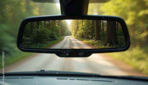 Rearview mirror car shows forest road ahead. The scenic road winding through green trees. Driver view of scenic route, travel journey through nature. Road trip scene.