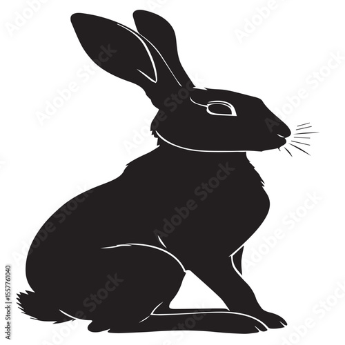 Black silhouette of a rabbit sitting with long ears and whiskers on white background